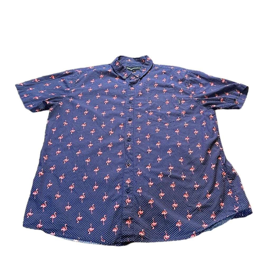 Short Sleeve button down shirt, navy with‎ pink flamingos XL